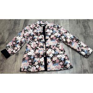Vintage Silk Chinese Jacket Womens Small Floral Blazer Button Pockets Padded 80s